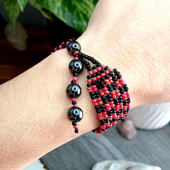 Hematite Gemstone Beaded Checker Bracelet, Adjustable Seed Bead Bracelet - Picture 3 of 11